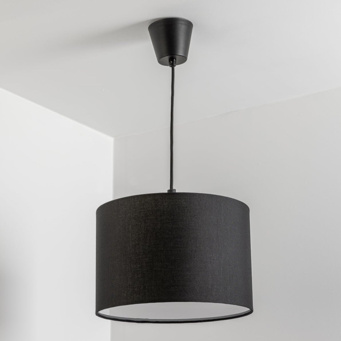 CGC Lighting Lucia Black Fabric Drum Lampshade with Frosted Opal Diffuser Black Black Height: 20 cm, Diameter: 30 cm