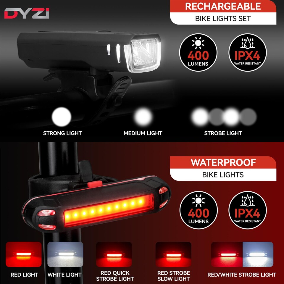 image 1 of Dyzi Bike Bicycle Light Set USB Rechargeable 4 Modes with Daylight Sensor By DYZI