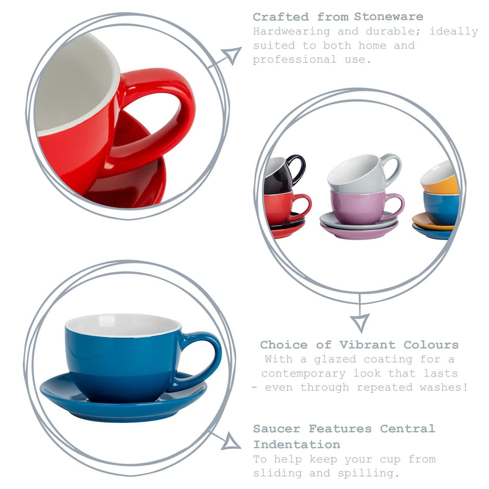 image 1 of Argon Tableware 12 Piece Coloured Cappuccino Cup & Saucer Set - 250ml - Blue