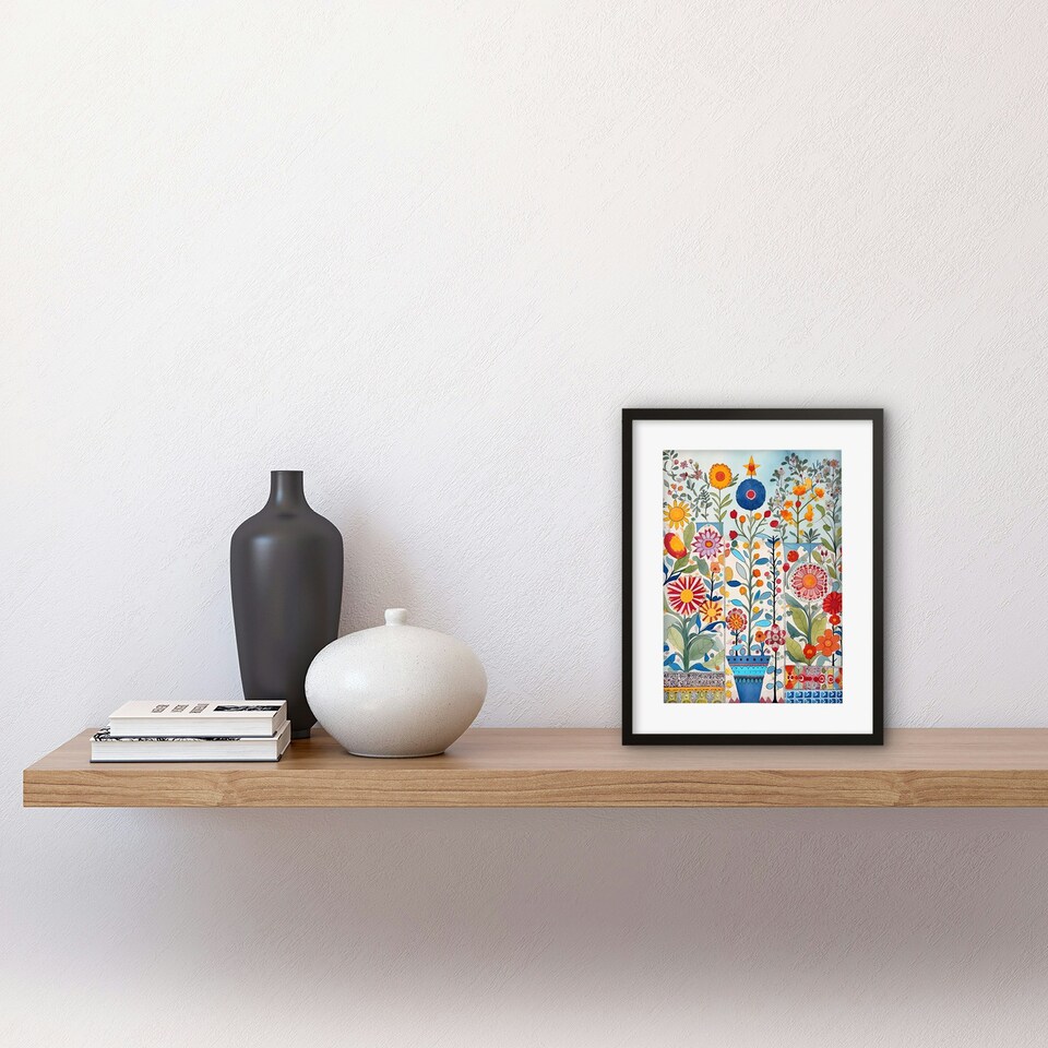 image 1 of Garden Flowers Folk Art Watercolour Painting 9x7" Black Framed Wall Art Print