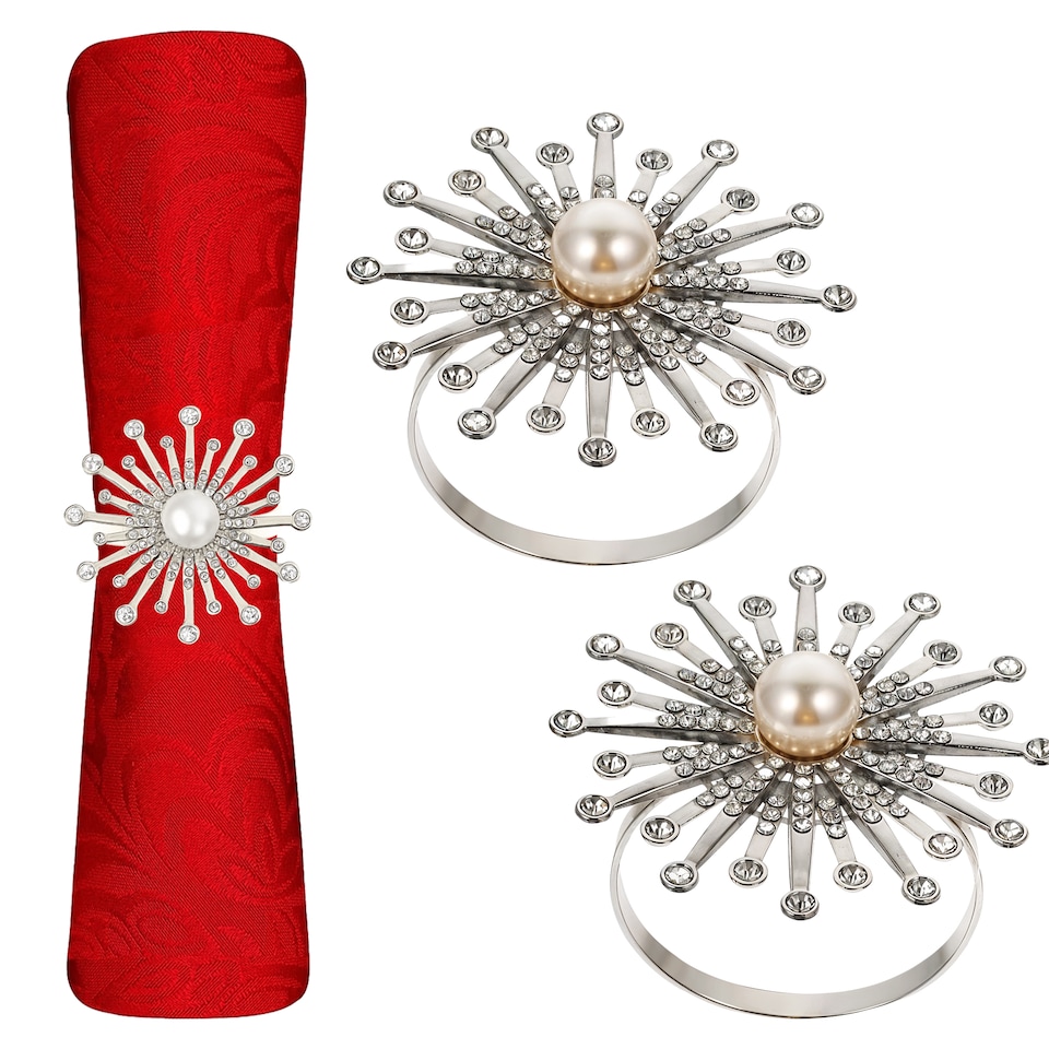 image 1 of 1pc Sunburst Motif Pearl Napkin Rings with Diamante Rhinestones
