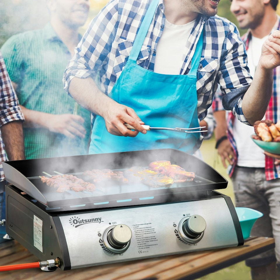 image 1 of Outsunny Portable Gas Plancha BBQ Grill with 2 Stainless Steel Burner, 6kW