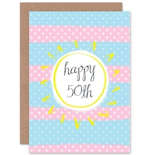 Age 50 Pink Blue 50th Sun Stripes Birthday For Her Greeting Card