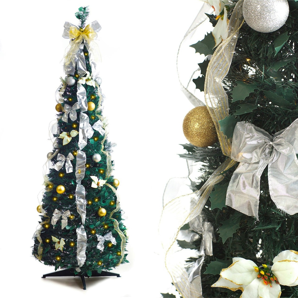 Best Artificial White/Gold Pop-up 6ft Pre-Decorated Pre-Lit Christmas Trees Green | White Silver | 6ft
