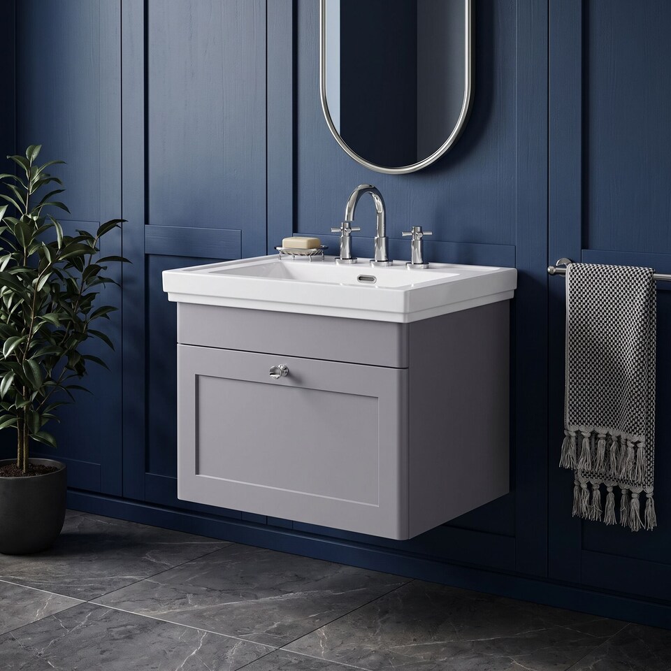 image 1 of Balterley Swynnerton Traditional 1 Drawer Wall Hung Vanity Unit with Basin, Satin Grey, 600mm