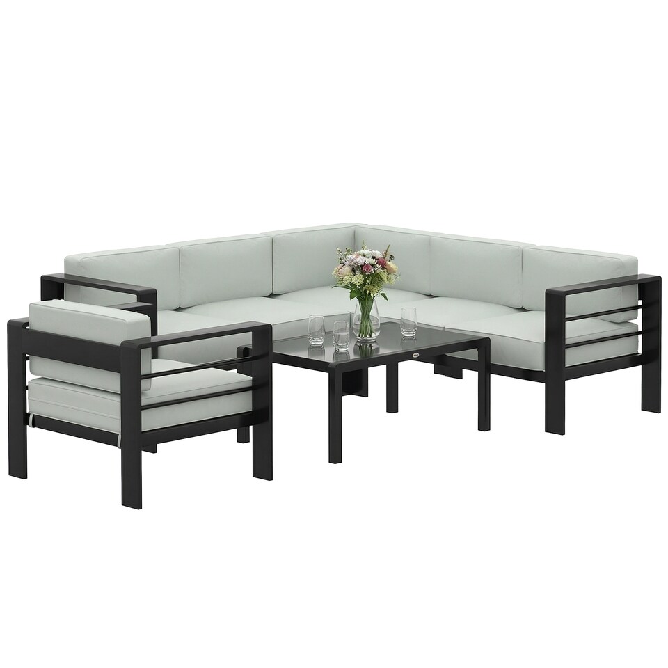 image 1 of Outsunny Garden Corner Sofa Set, Garden Furniture Set with Coffee Table | Grey | Light Grey | Five Plus Seater