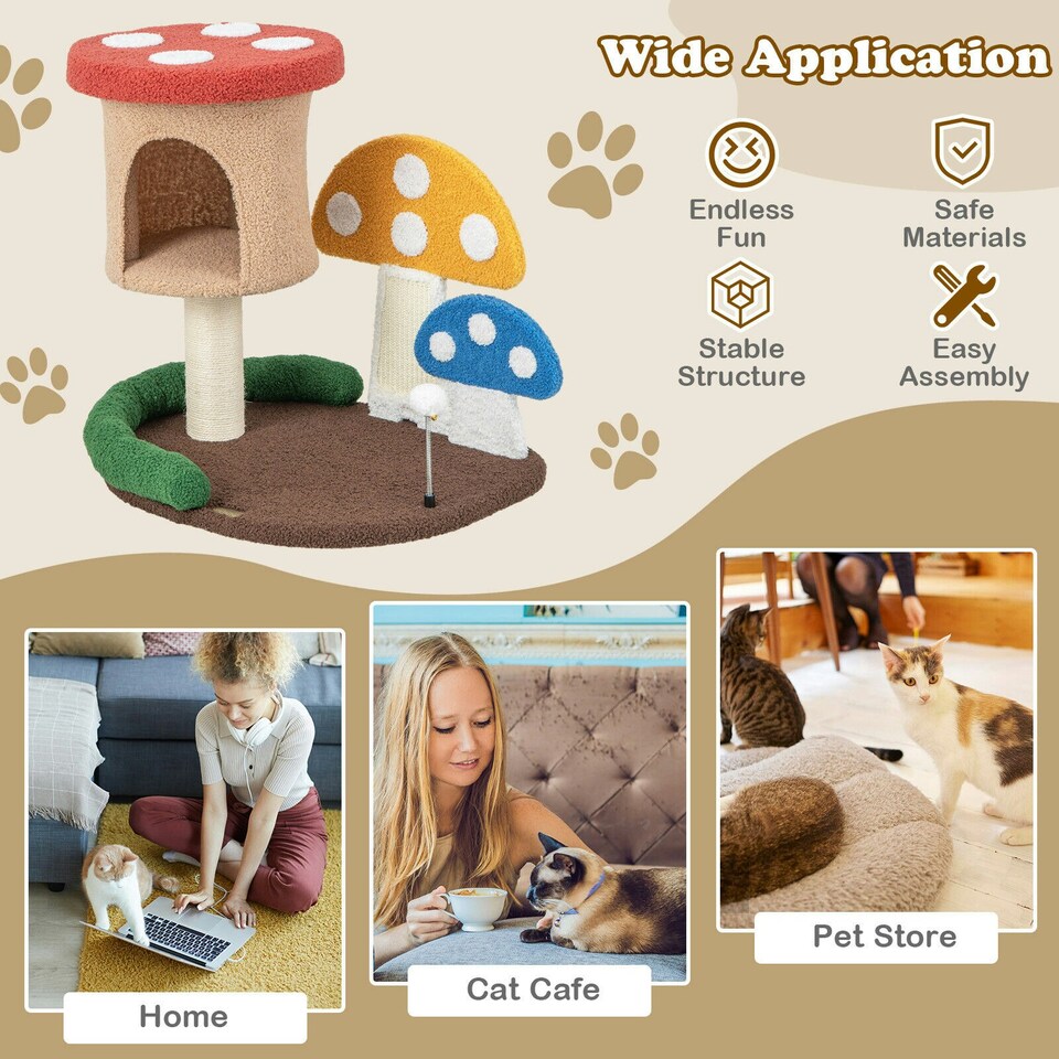 image 1 of COSTWAY Mushroom Cat Tree 4-In-1 Wooden Cat Activity Center