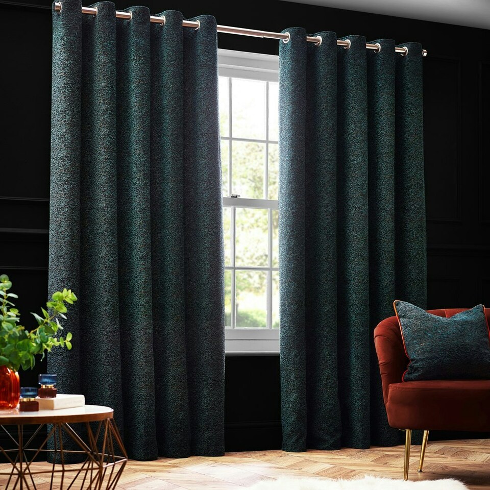 image 1 of Paoletti Galaxy Chenille Emerald Eyelet Curtains (W)117cm x (D)183cm Multi