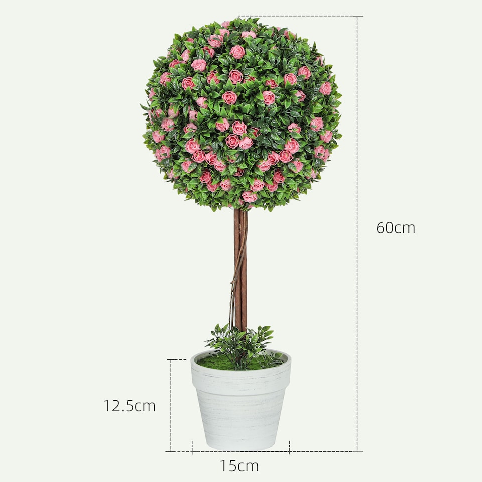 image 1 of HOMCOM Set of 2 Decorative Artificial Plants, Ball Topiary Tree with Rose Flower in Pot, Fake Plants for Home Indoor Outdoor Decor, 60cm, Pink