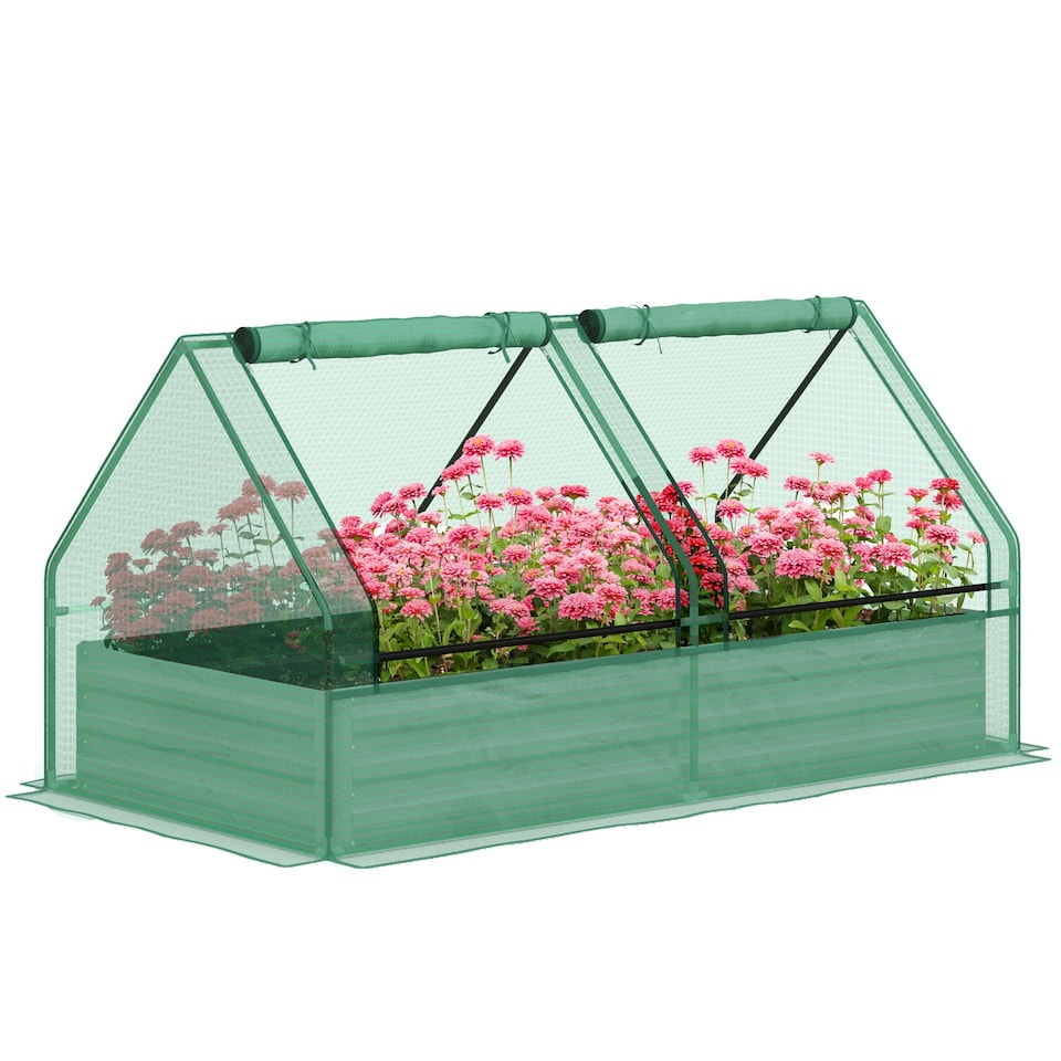 image 1 of Outsunny Raised Garden Bed Planter Box with Greenhouse, Green and Dark Grey