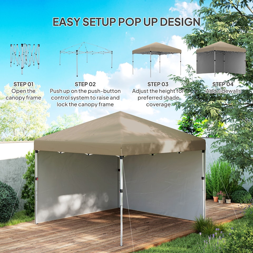 image 1 of Outsunny 3 x 3 M Pop Up Gazebo, UPF 30 with 2 Sidewalls, Leg Weight Bags and Wheeled Bag, Height Adjustable Party Tent Event Shelter for Garden, Patio | Brown | Khaki | 1