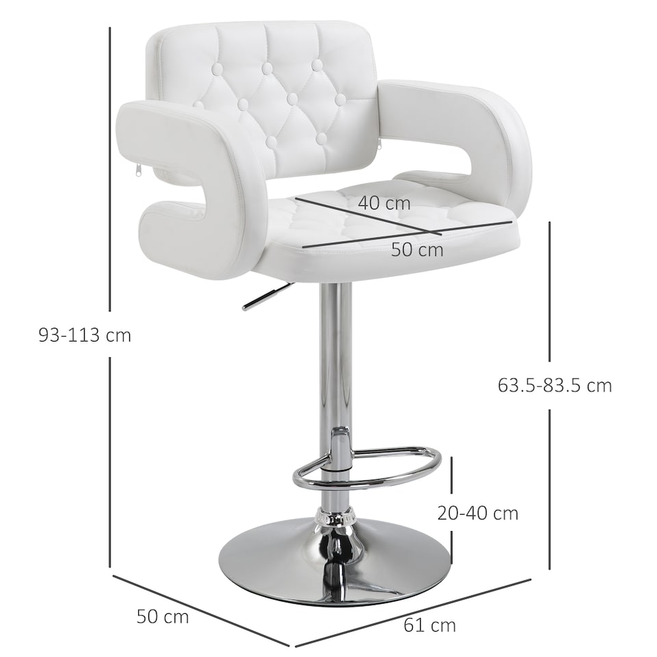 image 1 of HOMCOM Swivel Bar Stool with Extra Large Seat, PU Leather Upholstered Adjustable Barstool with Back, Arm and Footrest, Breakfast Bar Chair for Bistro, Kitchen, White