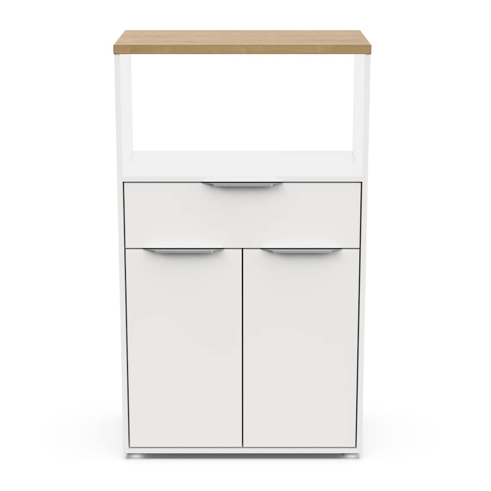 image 1 of FURNICOMP Luna Tall Freestanding Kitchen Pantry Cupboard with Microwave Shelf - Matt White & Hamilton Oak
