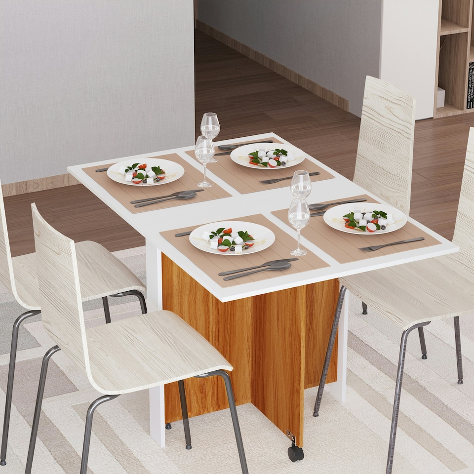 image 1 of HOMCOM Folding Dining Table Mobile Writing Desk w/ Casters Teak Colour, White