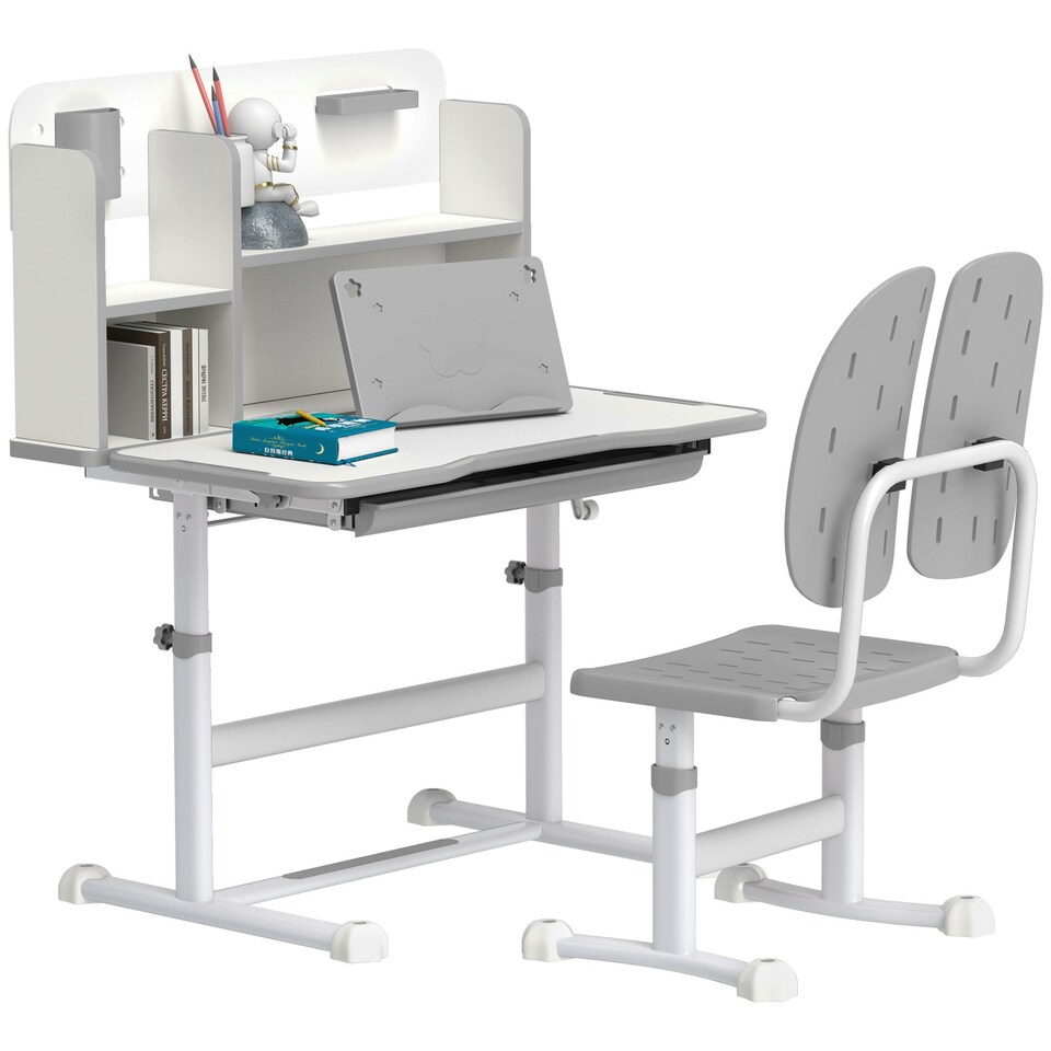 image 1 of AIYAPLAY Kids Desk and Chair Set w/ Tiltable Desktop, Reading Rack Pink