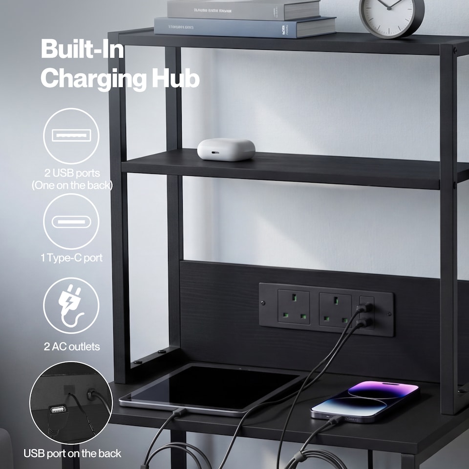 image 1 of Levede Bedside Table with Charging Station,LED Light 2 Drawers Storage Black