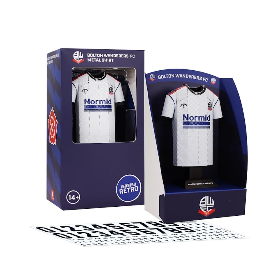 image 1 of RadStuff Metal Alloy Football Shirt - Retro Bolton Wanderers Home Kit 1988-90