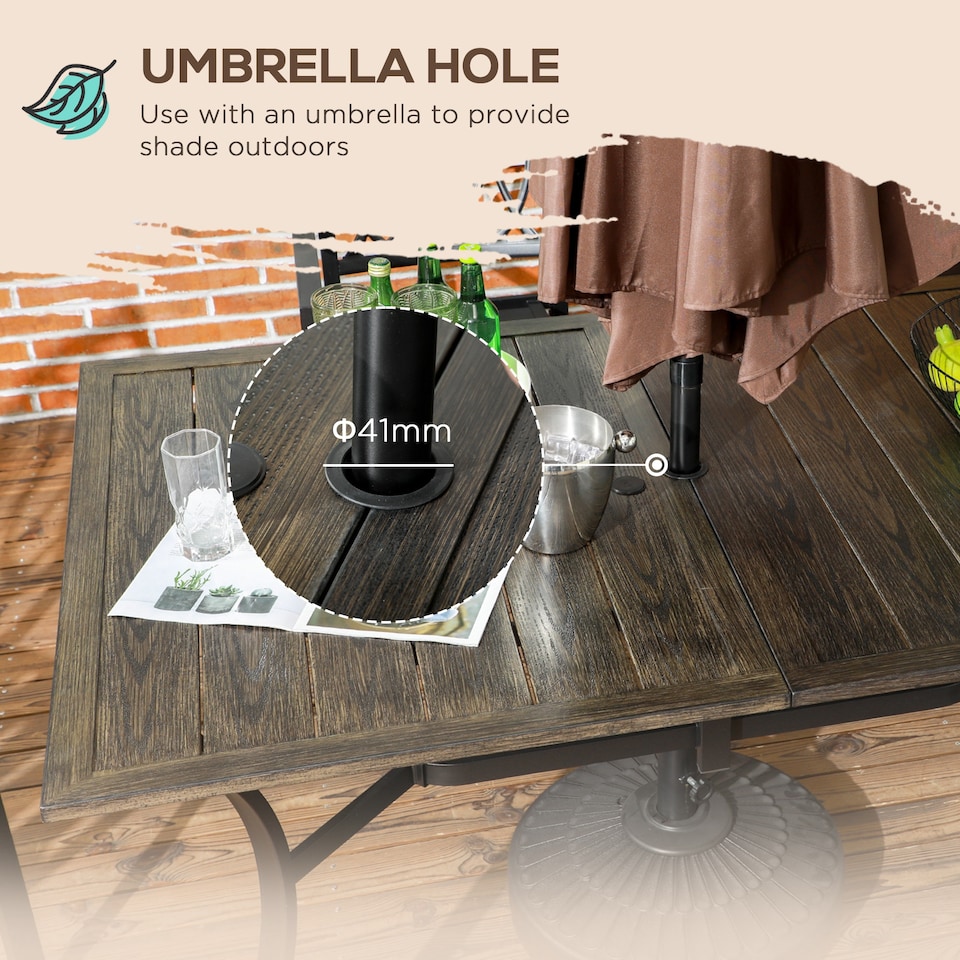 image 1 of Outsunny Garden Table with Parasol Hole, Outdoor Garden Dining Table with Wood Grain Tabletop and Steel Frame for Patio, Deck, Balcony, Brown, 150 x 96 x 73cm