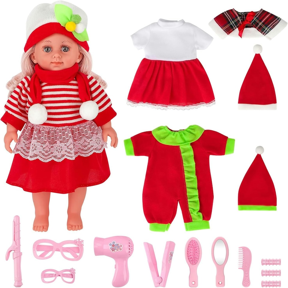 image 1 of Christmas Baby Doll Toy Set dress-up doll Toddler Kids Gift Birthdays play set 3 Set Dolls Clothes and fun accessories