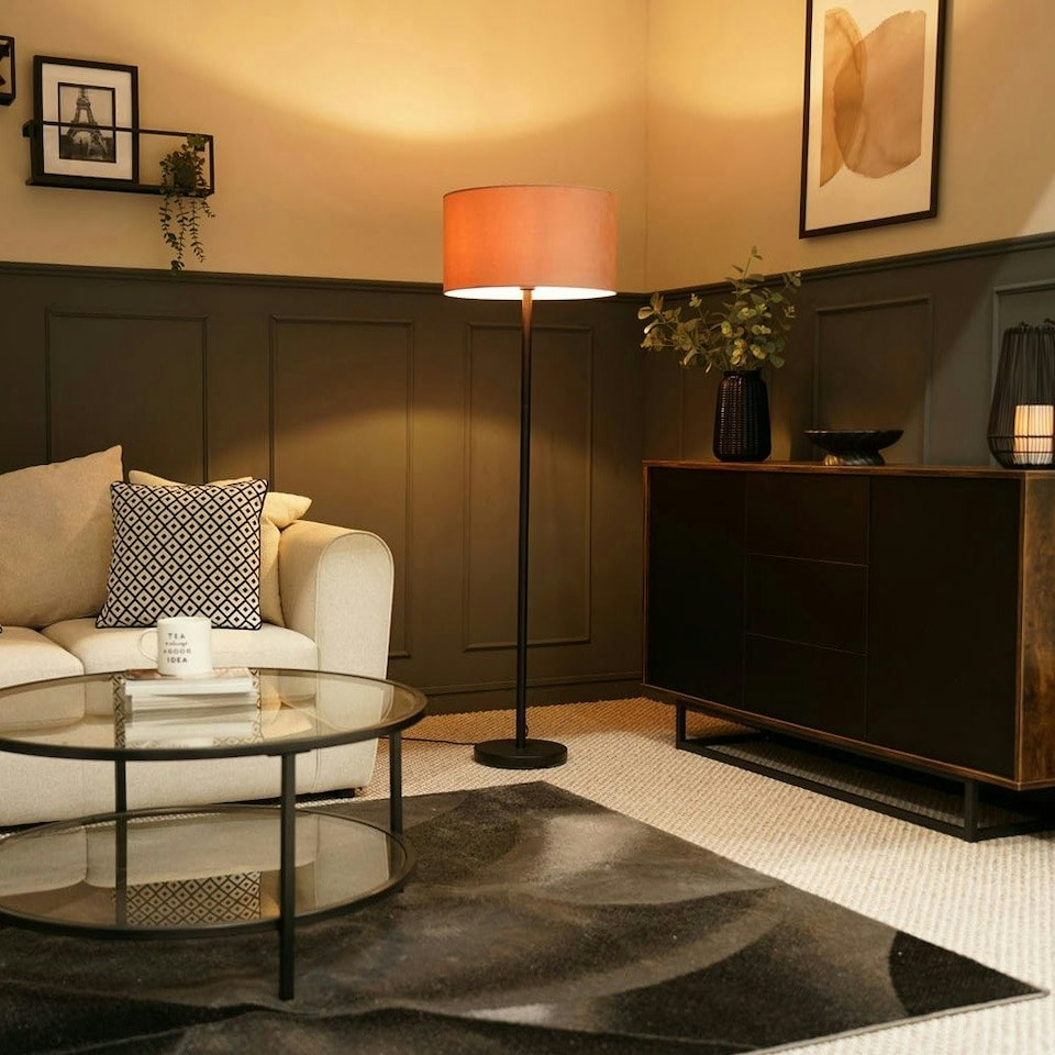 image 1 of ValueLights Charlie Black Floor Lamp Pink Velvet Shade | Black