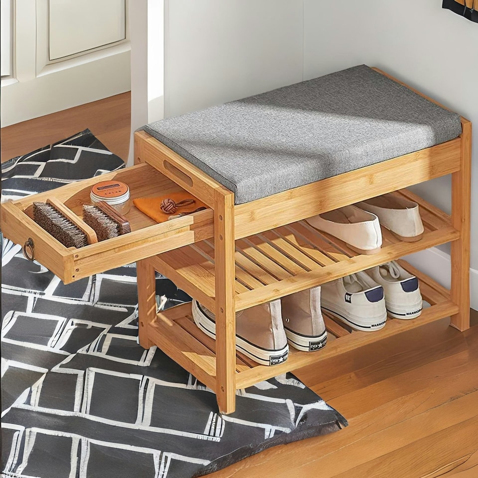 image 1 of Wooden Shoe Storage Bench With Hidden Drawer & Cushioned Seat Brown