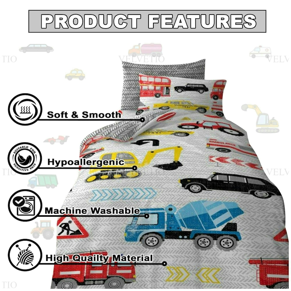 image 1 of VELVETIO Kids Transport Duvet Cover Set Printed Beddings Multi | Single