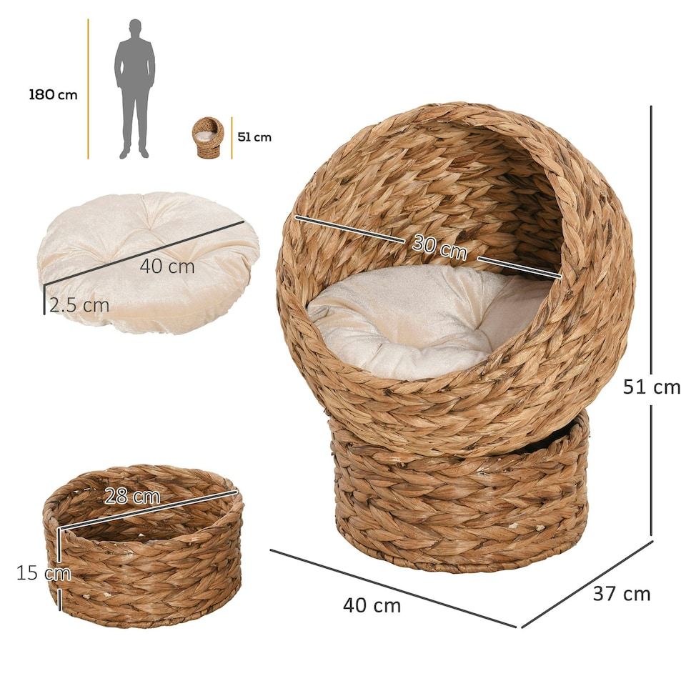 image 1 of PawHut Wicker Cat House, Raised Cat Bed with Cylindrical Base, 40 x 37 x 51 cm