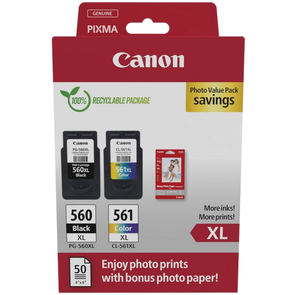 image 1 of Canon PG560XL Black & CL561XL Colour Ink Cartridge Photo Value Pack Multi | Refilled Canon PG560XL Black & CL561XL Colour Ink Cartridge