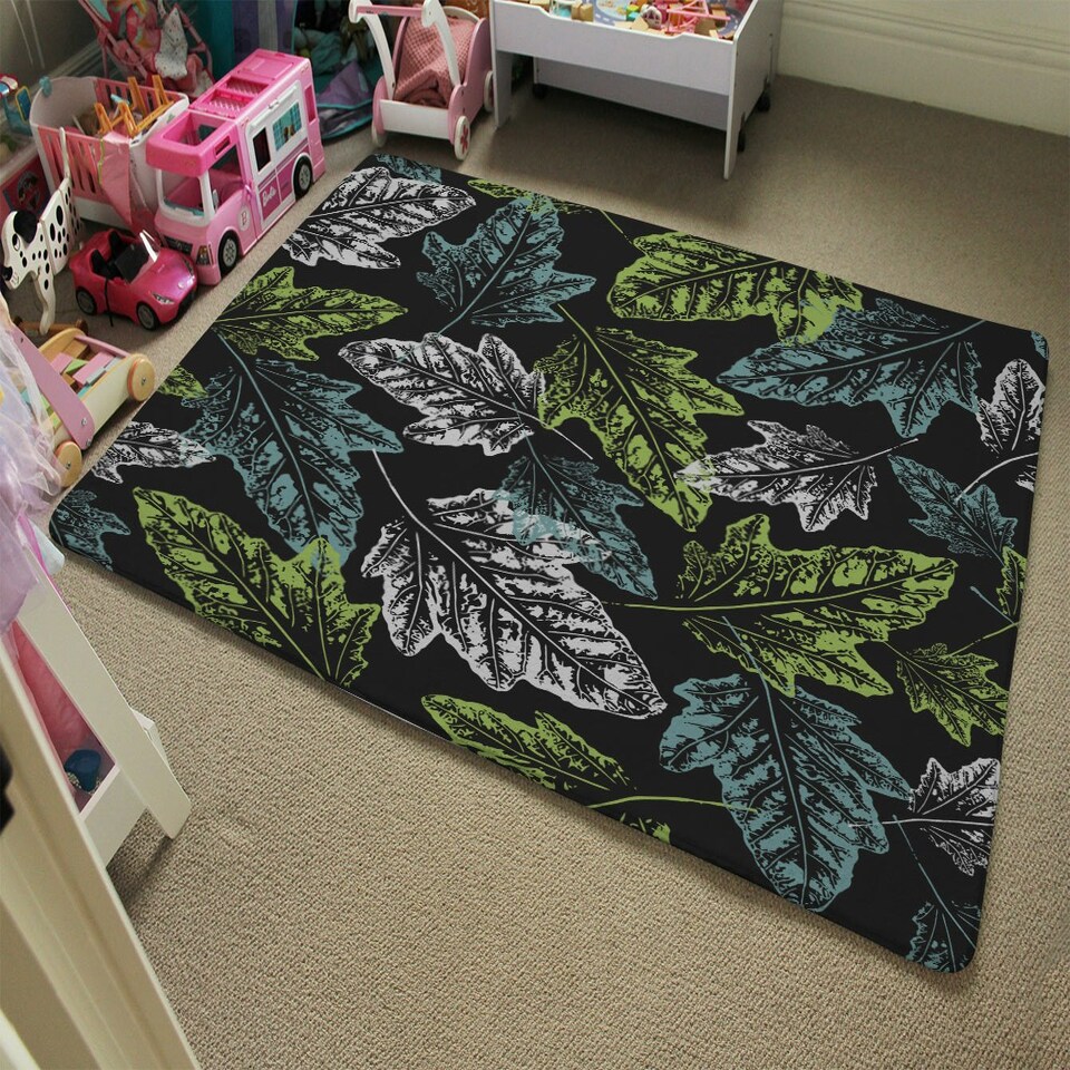 image 1 of Leaf Print on Dark Background (Rug) Multi | Medium: 80x150cm