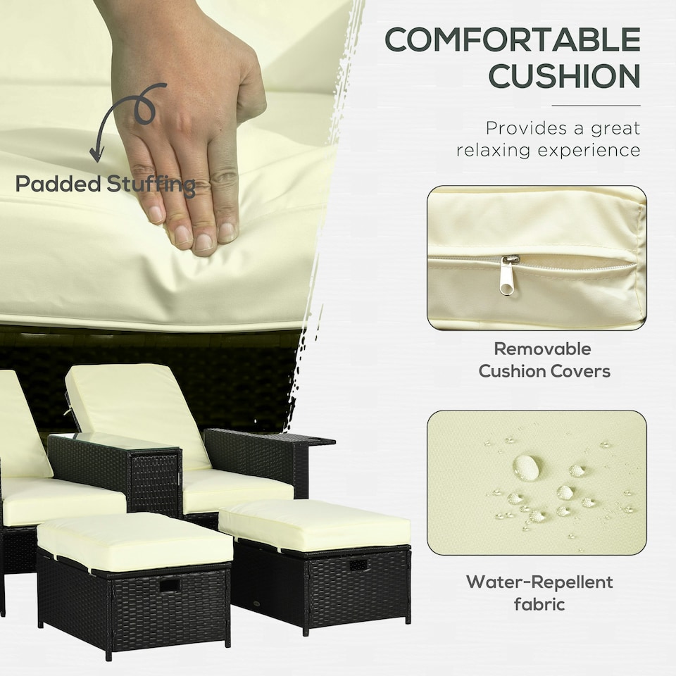 image 1 of Outsunny Recliner Rattan Sun Lounger w/ Storage Tea Table & Footstools, Balck