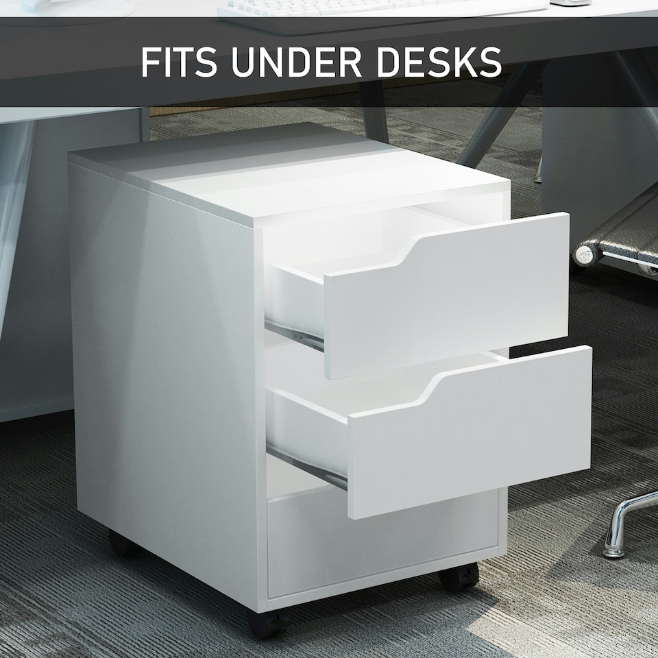 image 1 of MDF Mobile File Cabinet w/ 3 Drawers Locking Wheels Metal Rails Oak Tone White