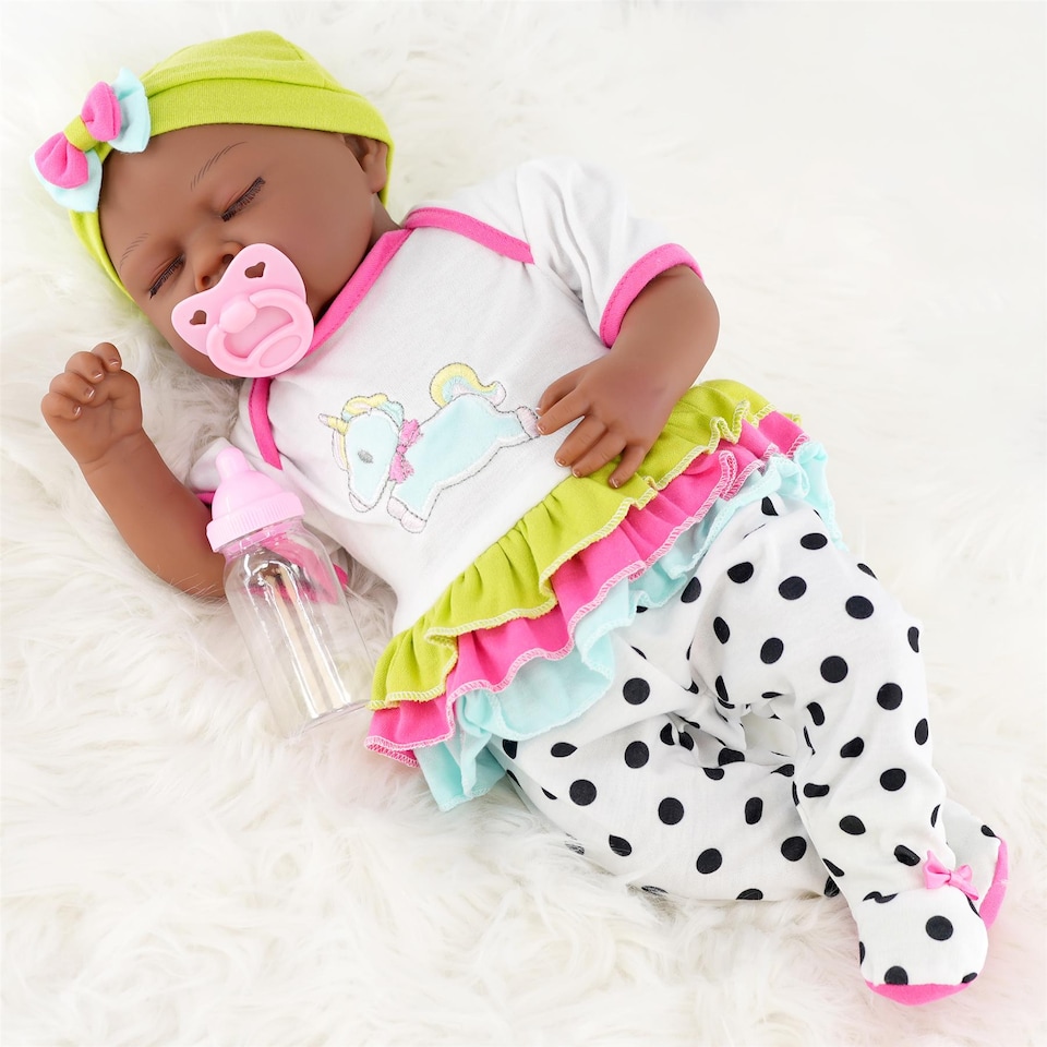 image 1 of BiBi Doll 20" Fay Ethnic Reborn Baby Doll Girl with Closed Eyes, Dummy & Bottle