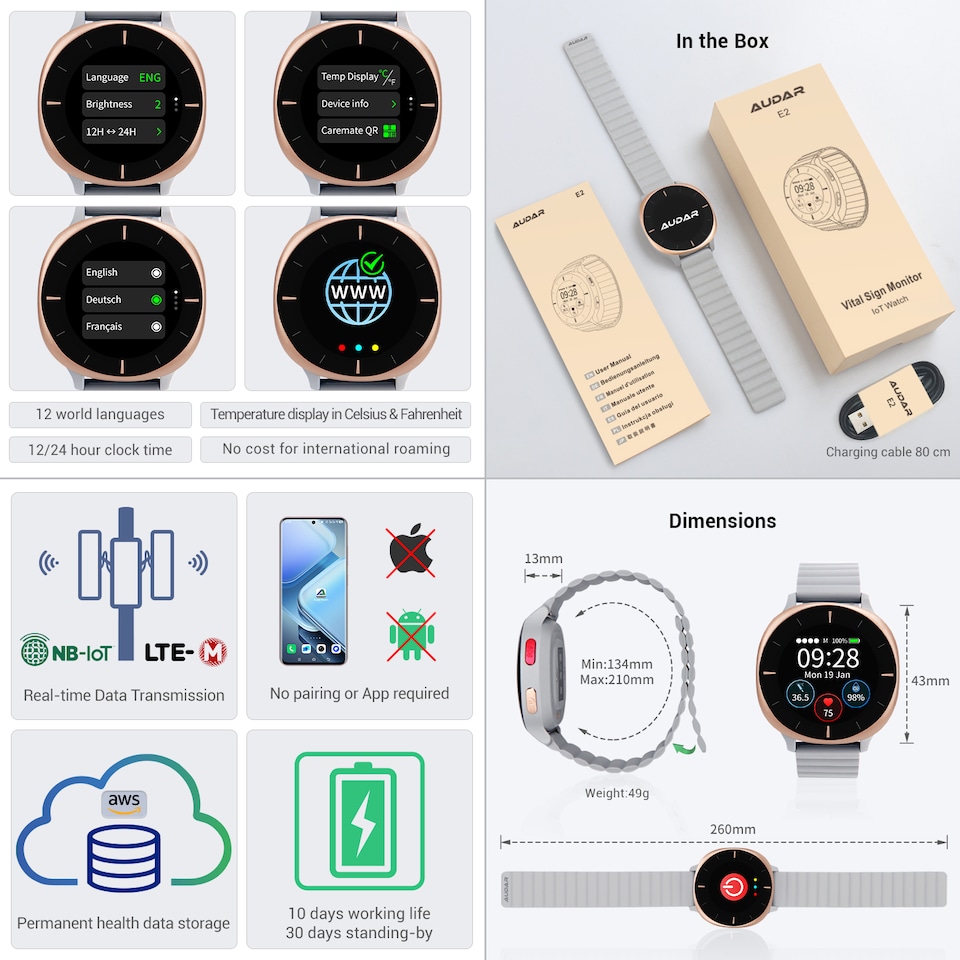 image 1 of Fall Detection & SOS Alerts Smart Watch- 24/7 Remote Health & Safety Monitoring- Heart Rate, Body Temperature, Blood Pressure, SpO2, 10 Day Battery- Audar E2-GB