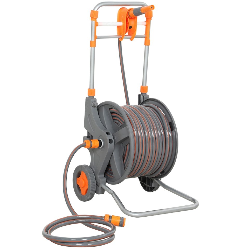 image 1 of Outsunny Hose Reel Cart with Wheels, 45+2m Garden Hose Reel, Orange | Orange | Orange and grey