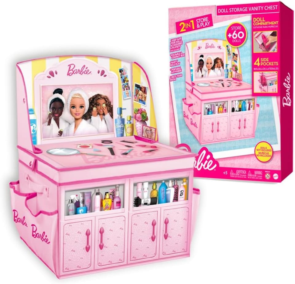 image 1 of Barbie Doll Storage Vanity Chest 2 in 1 Foldable Storage Box and Vanity Playset Stores 60 Dolls and Accessories Toy Organizer with Compartments and Pockets Barbie Toys for Girls Ages 4 | Pink | 1