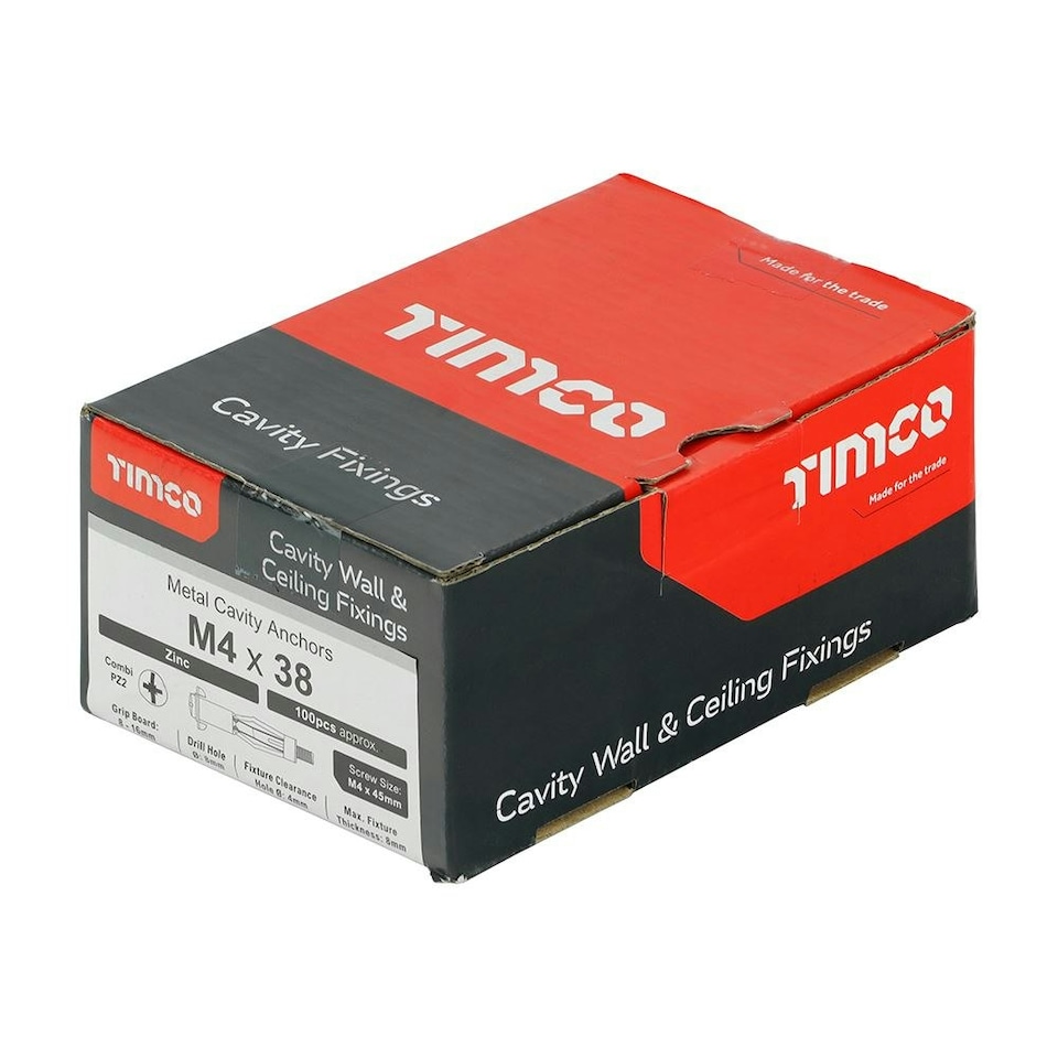 image 1 of Timco - Metal Cavity Anchors - Zinc (Size M4 x 38 (45mm Screw) - 100 Pieces)