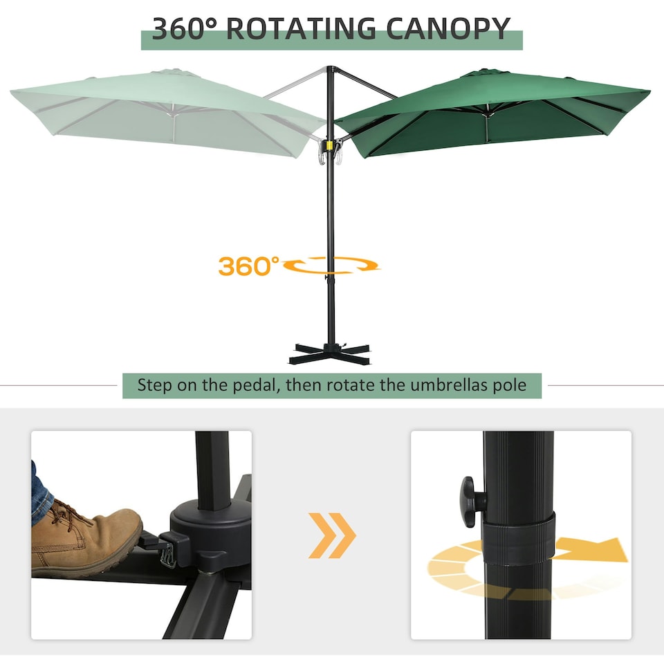 image 1 of Outsunny Square Cantilever Roma Parasol, 360-Degree Rotation, Green