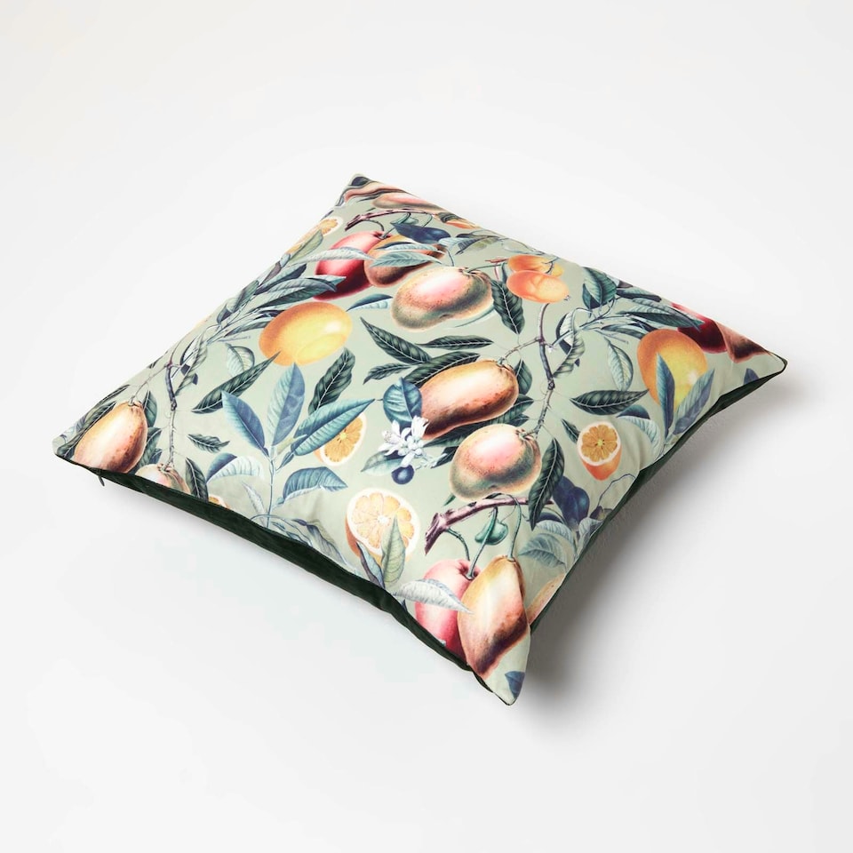 image 1 of Homescapes Mango Tree Green Filled Velvet Cushion - 46 x 46 cm | Green | 46 x 46 cm | 1