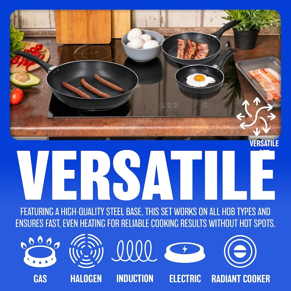 image 1 of Set Of 3 Frying Pan Non Stick Fry Kitchen Eggs Breakfast Dinner Pasta Cookware Set