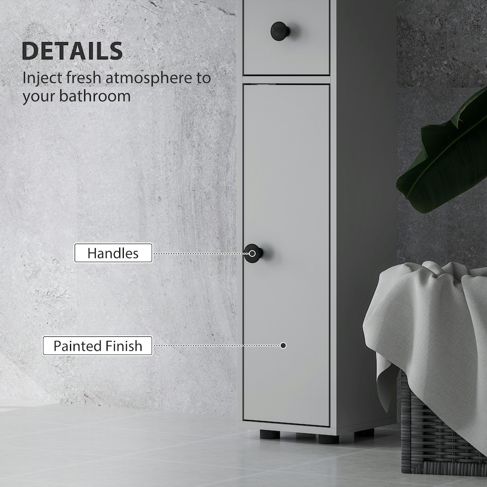 image 1 of kleankin Slim Bathroom Cabinet w/ Open Shelves and 2 Door Cupboards, Grey Grey