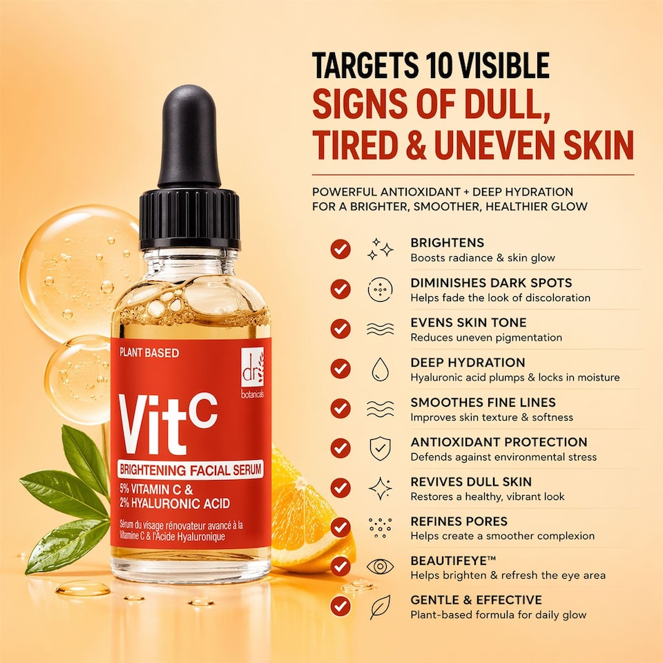 image 1 of Dr Botanicals Brightening Anti-Ageing Facial Serum with 5% Vitamin C & 2% Hyaluronic Acid 30ml for Plumping and Moisturising