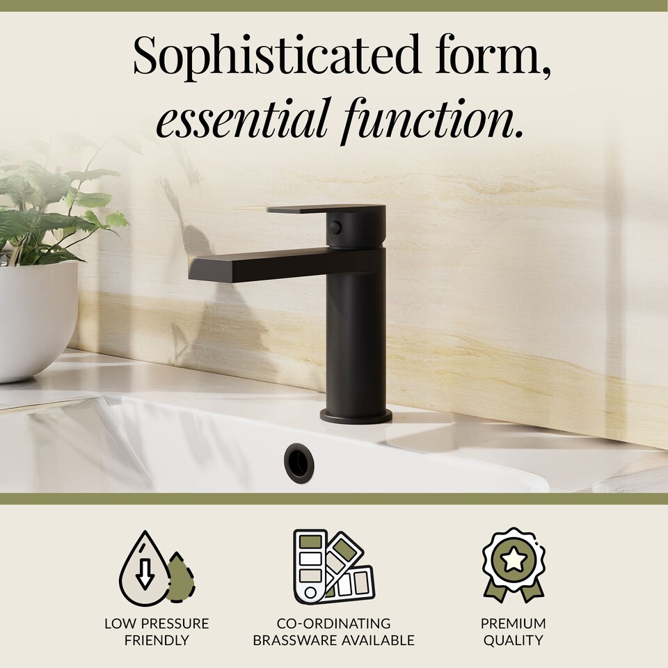 image 1 of Square Mono Basin Mixer Tap Push Button Waste Matt Black | Black | Matt Black | 1