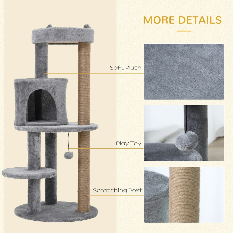 image 1 of PawHut 104cm Cat Tree Condo Tower with Scratching Post Perch Ball, Grey