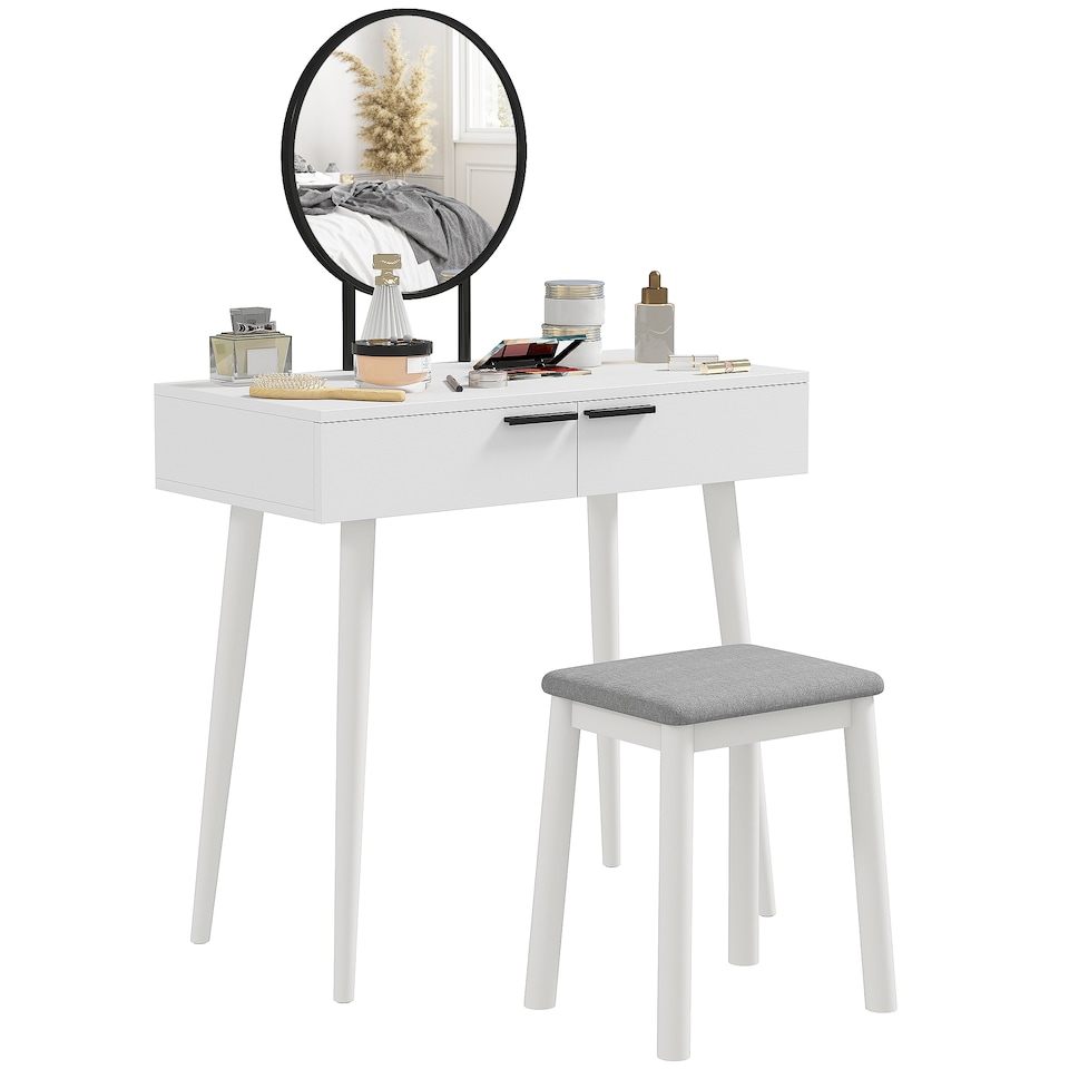 image 1 of HOMCOM Dressing Table with Mirror and Stool, Vanity Makeup Desk Set with 2 Drawers, Cushioned Stool and Make-up Organiser for Bedroom and Dressing Room, 80 x 40 x 123 cm, White