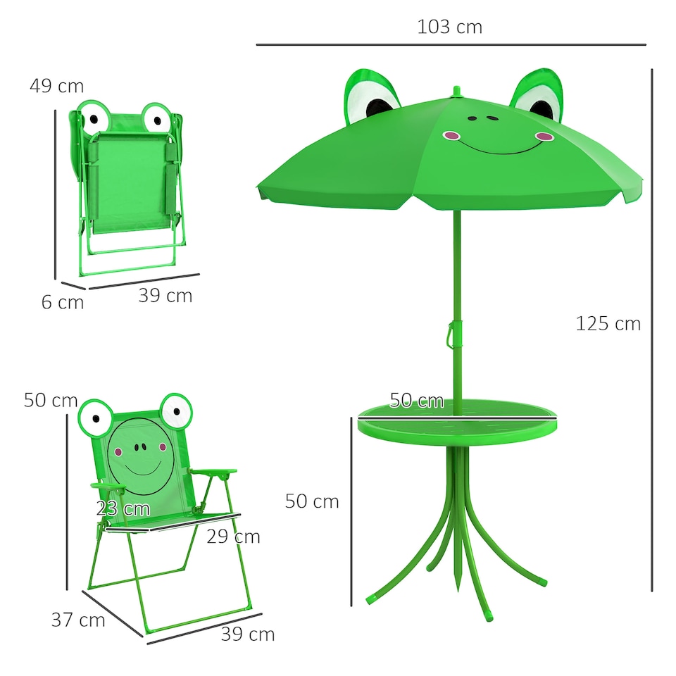 image 1 of Outsunny Foldable Patio Kids Metal Picnic Table w/ Frog Umbrella Green 4-piece | Green | Green