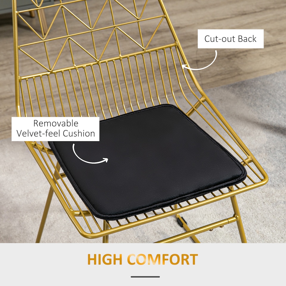 image 1 of HOMCOM Luxurious Dining Chairs Set of 2, Metal Wire Kitchen Chair with Removable Velvet-feel Cushion, Cut-out Back and Steel Frame for Dining Room, Gold Tone