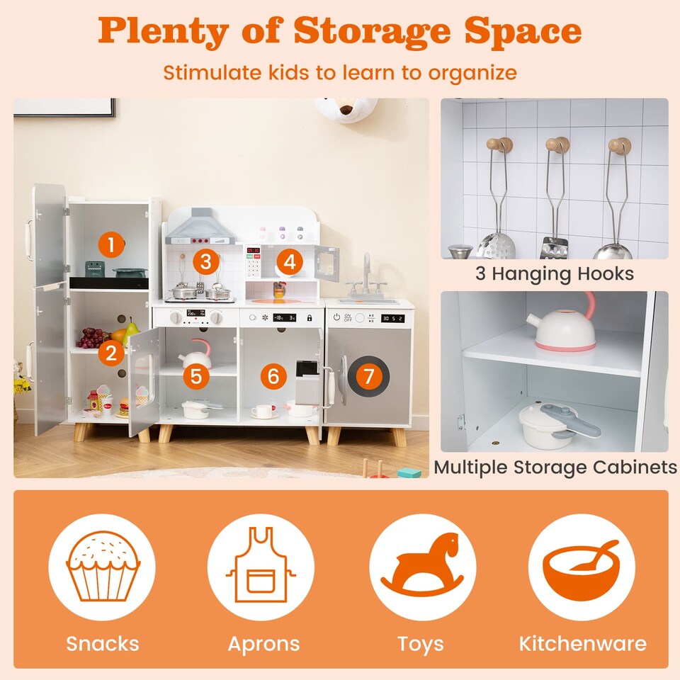 image 1 of COSTWAY Modular Kids Kitchen Playset Corner Chef Pretend Kitchen Toy-Grey