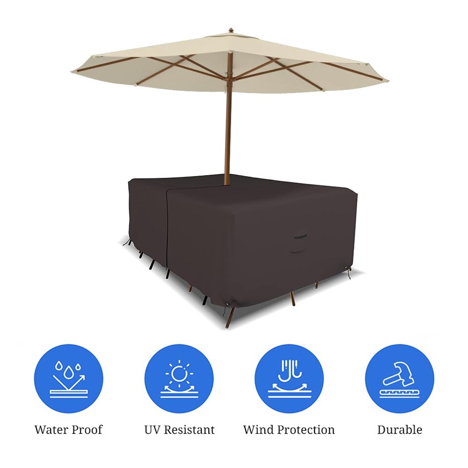 image 1 of Covers&All Rectangle Table & Chair Set Cover, Umbrella Hole, 12 Oz Waterproof UV & Weather Resistant, 108 in L x 82 in W x 23 in H, Coffee
