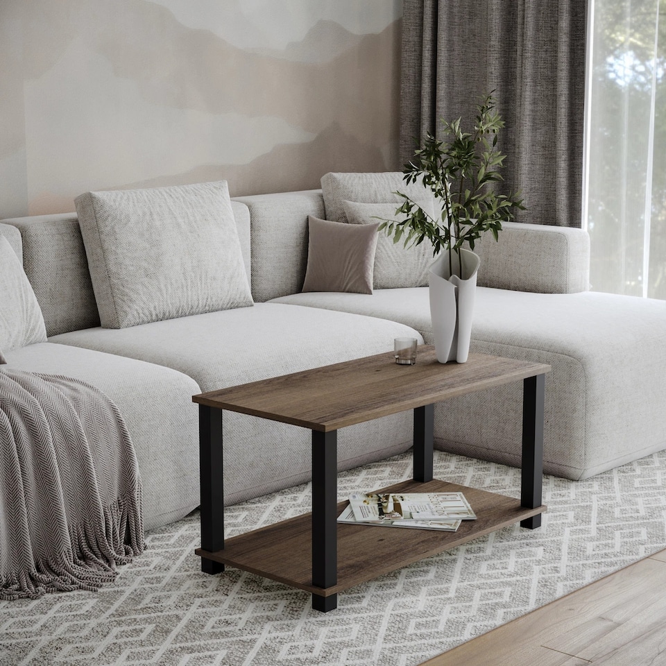 image 1 of Sandra 2 Tier Coffee Table Side Table With Shelf TV Stand Minimalist Style 83cm | Multi | Dark Oak with Black Legs