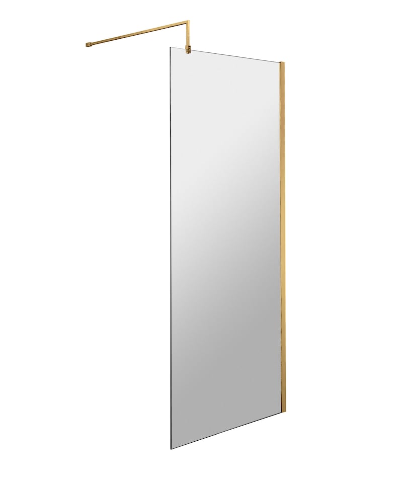 image 1 of Balterley Blymhill Contemporary Bathroom 8mm Glass Profile Wetroom Screen with Support Bar, Brushed Brass, 1950 x 760 x 14mm